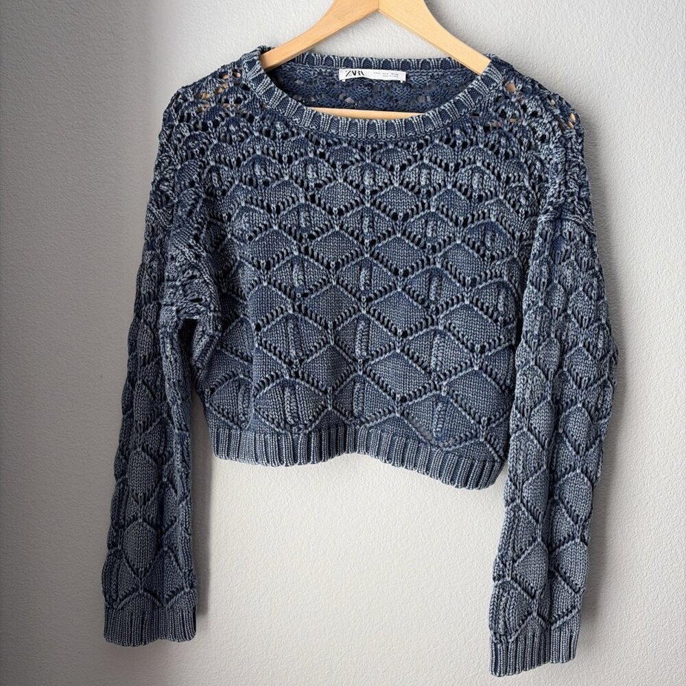 Zara Blue Open-Knit Crewneck Sweater